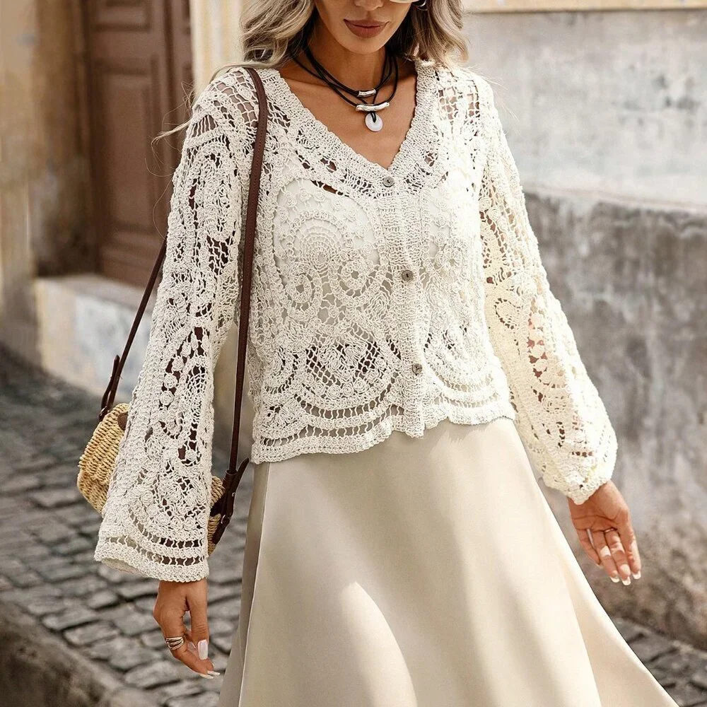 Apricot Casual Women's Hollow Out Crochet Cardigan top